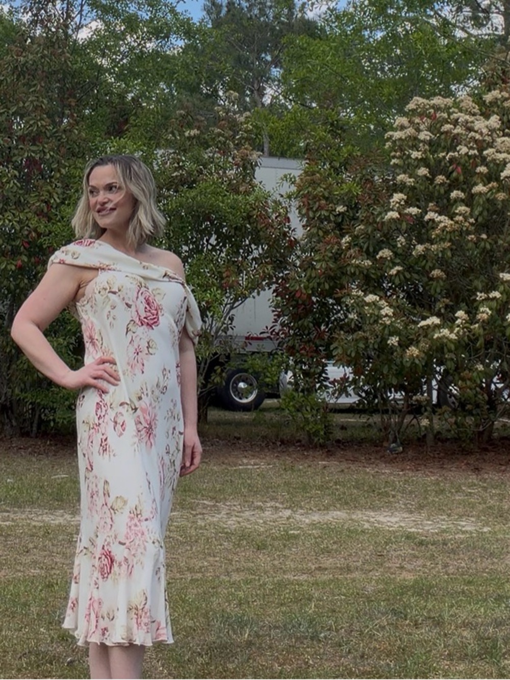 VTG Romantic Floral Off The Shoulder MIDI Dress Cottagecore Garden Party Med-LG